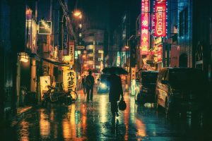 Japan, Night, Town, City