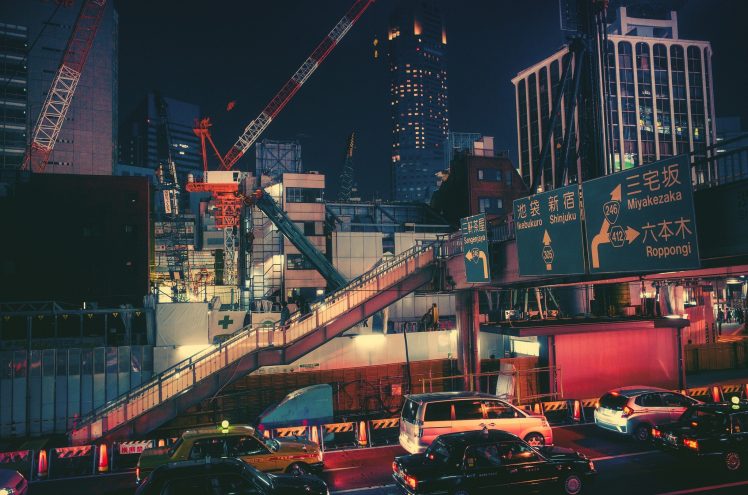 Japan, Night, Town, City, Highway, Cranes (machine) HD Wallpaper Desktop Background