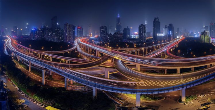 Shanghai, Long exposure, China, Road, Bridge, City, Cityscape, Night, Interchange HD Wallpaper Desktop Background