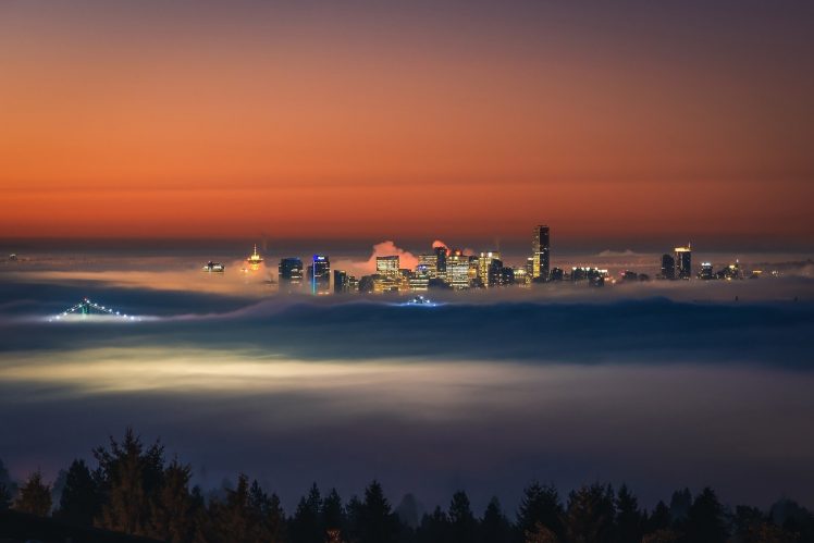 city lights, City, Mist, Sunrise HD Wallpaper Desktop Background