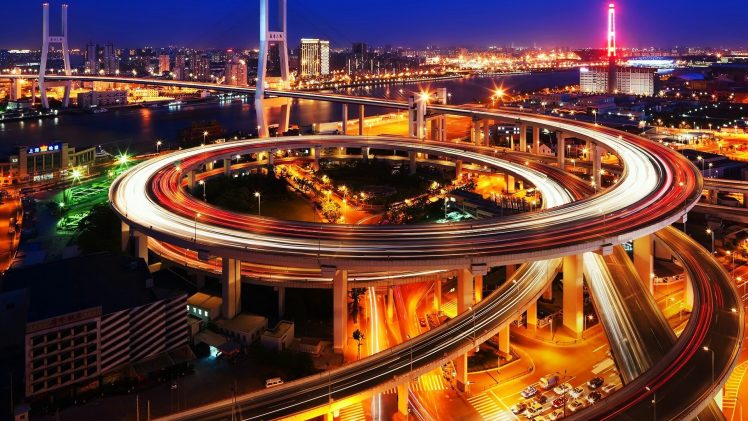 Shanghai, Nanpu Bridge, City, Night, City lights, Traffic, Long exposure HD Wallpaper Desktop Background