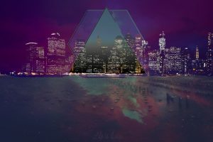New York City, Illusions, Triangle, Low poly, Lights, Colorful, Text