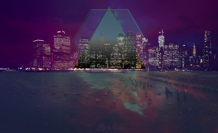 New York City, Illusions, Triangle, Low poly, Lights, Colorful, Text HD Wallpaper Desktop Background