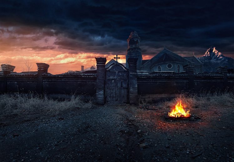 night, Fireplace, Monastery HD Wallpaper Desktop Background