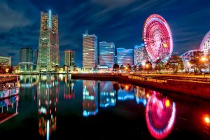 city, Ferris wheel, Reflection, Skyscraper, City lights, Tokyo, Japan