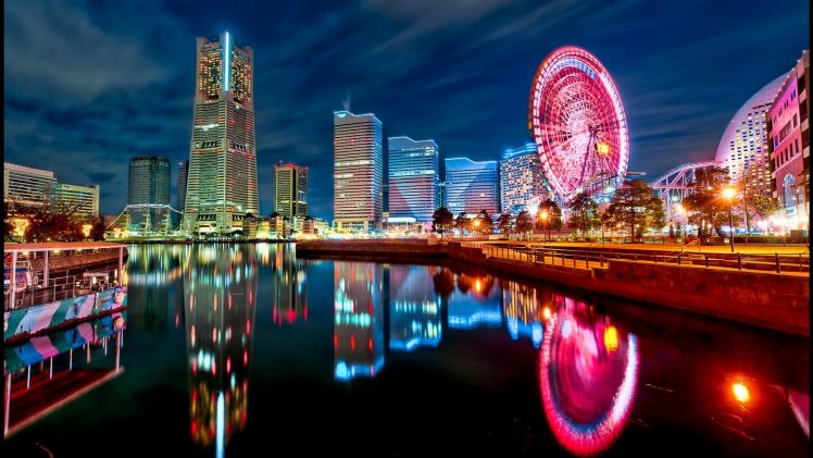 city, Ferris wheel, Reflection, Skyscraper, City lights, Tokyo, Japan HD Wallpaper Desktop Background