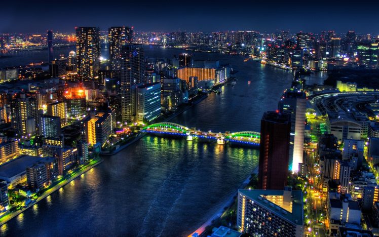 photography, Night, Urban, City, Building, Cityscape, River, Bridge, Water, Tokyo, Japan HD Wallpaper Desktop Background