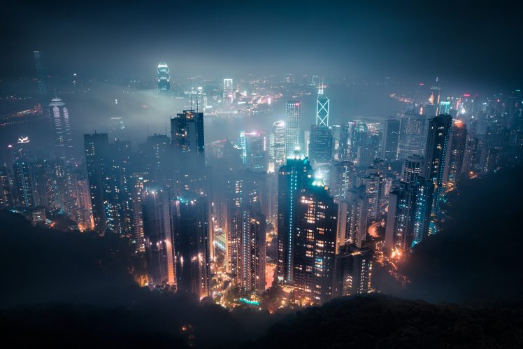 cityscape, Mist, Night, Hong Kong HD Wallpaper Desktop Background