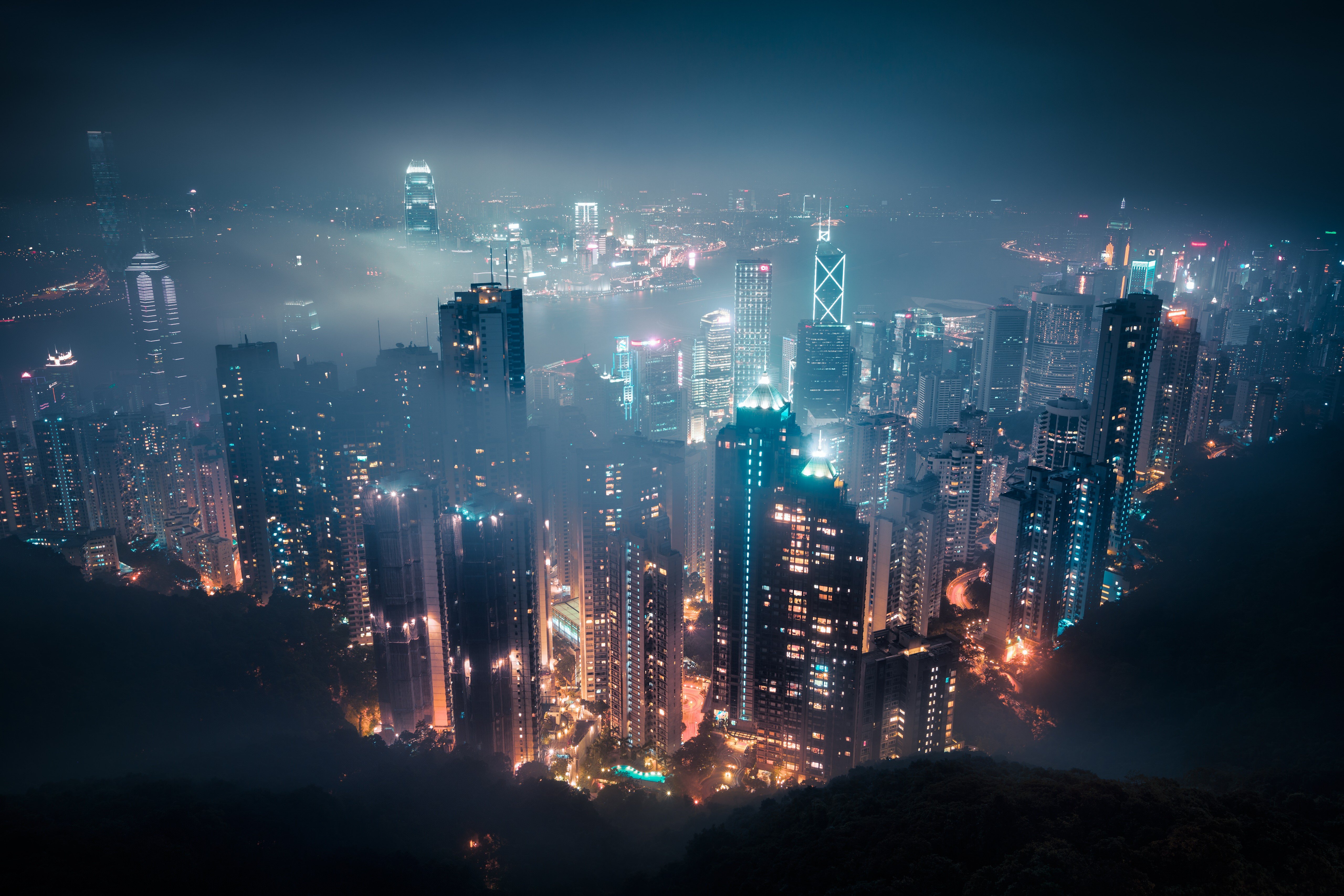 cityscape, Mist, Night, Hong Kong Wallpaper