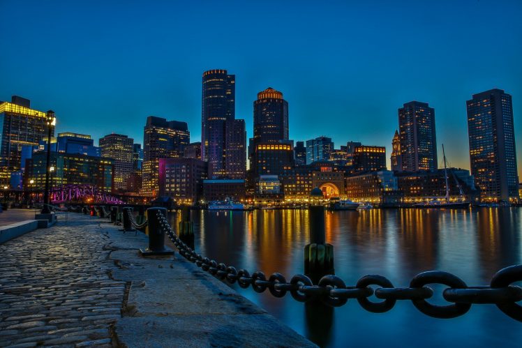 city, Boston, Chains, Dock, Cityscape, Waterfront, Skyscraper, Cobblestone, Reflection, Night HD Wallpaper Desktop Background