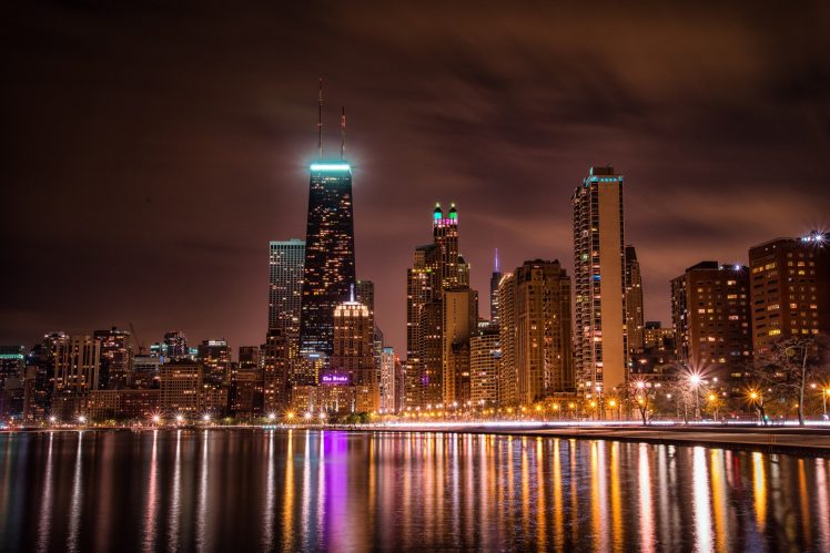 city, Reflection, Skyscraper, City lights, Water, Chicago HD Wallpaper Desktop Background