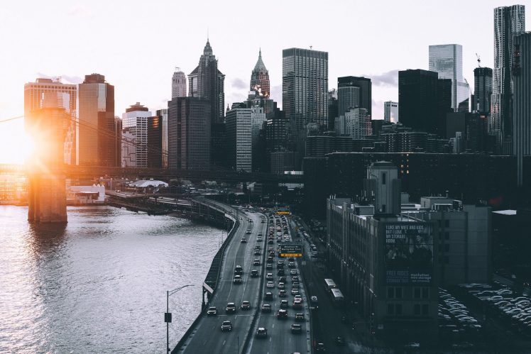 cityscape, New York City, Sunlight, Selective coloring, River, Traffic, Road, Skyscraper HD Wallpaper Desktop Background