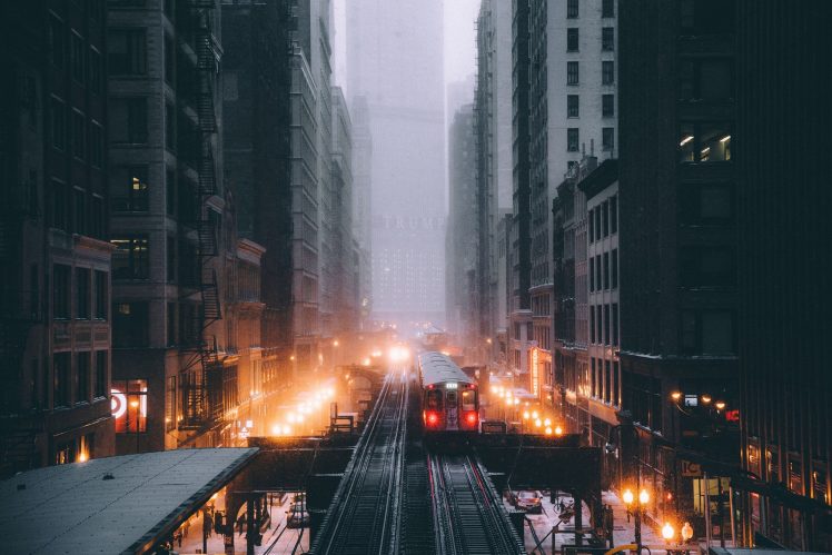 Chicago, Railway, Snow, Train, Cityscape, Metro, Lights, Vignette HD Wallpaper Desktop Background