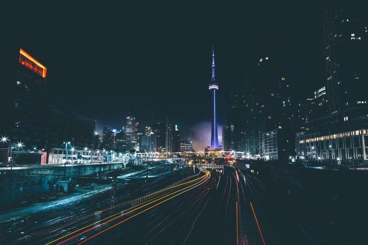 cityscape, Toronto, Railway, Long exposure, Light trails, Canada, Night HD Wallpaper Desktop Background