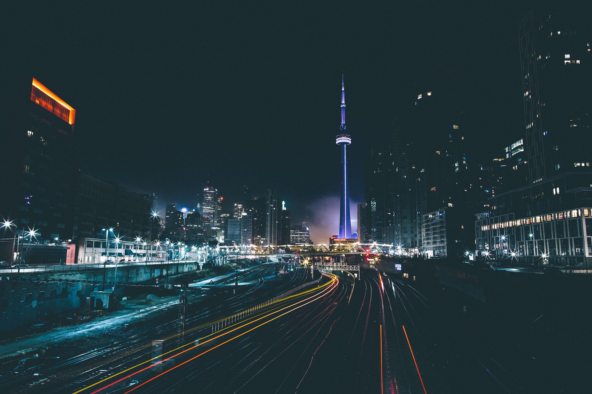 cityscape, Toronto, Railway, Long exposure, Light trails, Canada, Night Wallpaper