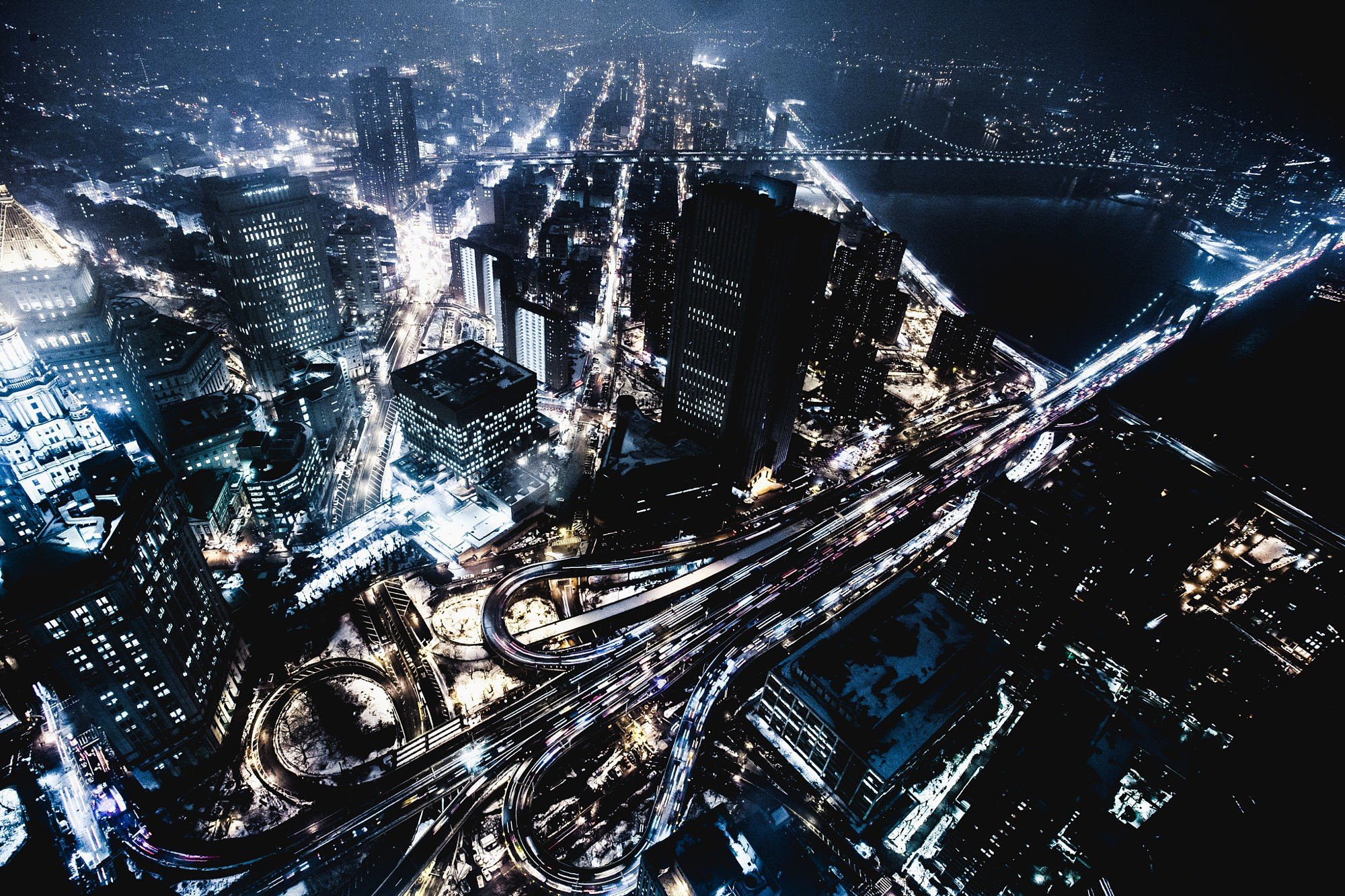 cityscape, New York City, City lights, Highway, Night, Skyscraper Wallpaper