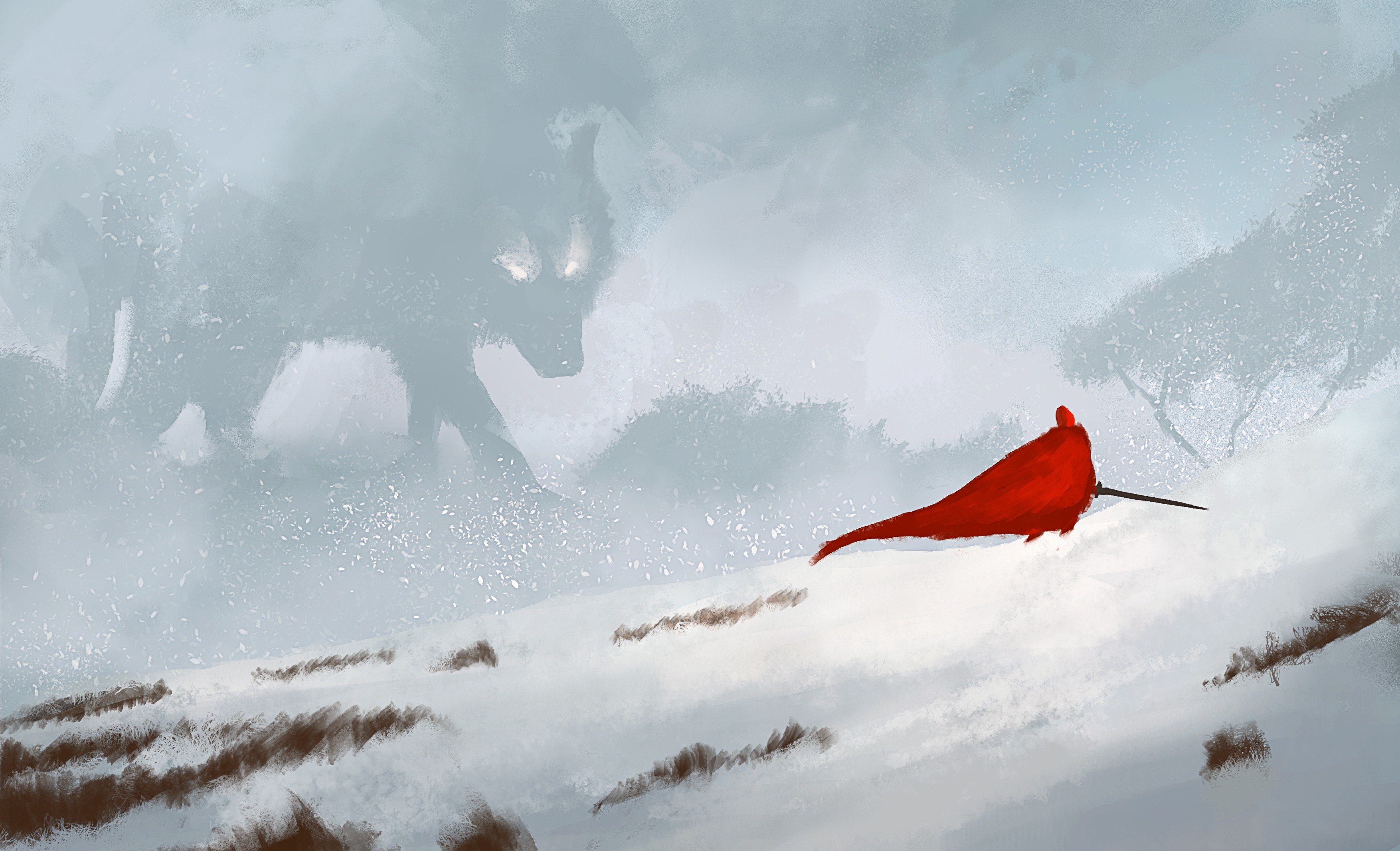 Red Riding Hood, Snow, Wolf, Sword, Red Wallpaper