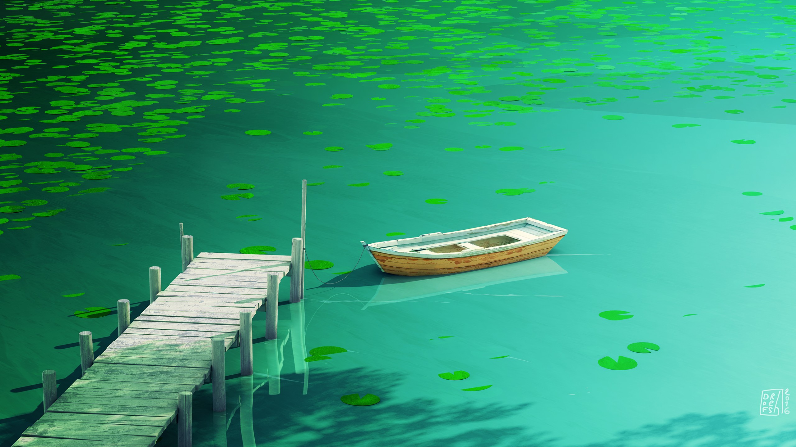 lake, Boat, Lily pads, Dock Wallpaper