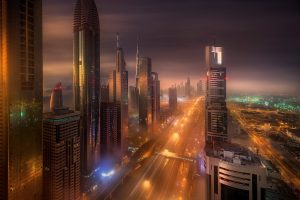 city, Road, Mist, Dubai, Skyscraper, Long exposure, Sunrise, City lights