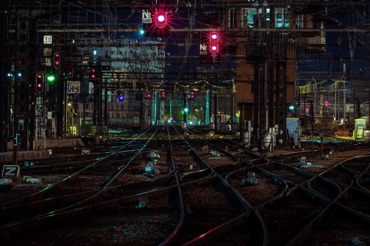 city, City lights, Railway, Rail yard, Night HD Wallpaper Desktop Background