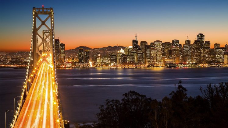 San Francisco, Night, Bridge, Building, Long exposure, Light trails HD Wallpaper Desktop Background