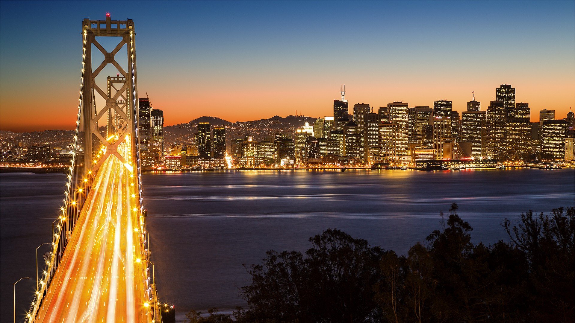 San Francisco, Night, Bridge, Building, Long exposure, Light trails Wallpaper