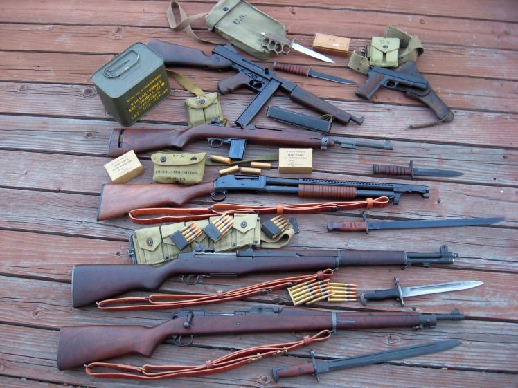gun, Knife, Ammunition, Thompson, M1 carbine, M1903 Springfield, Colt 1911 HD Wallpaper Desktop Background