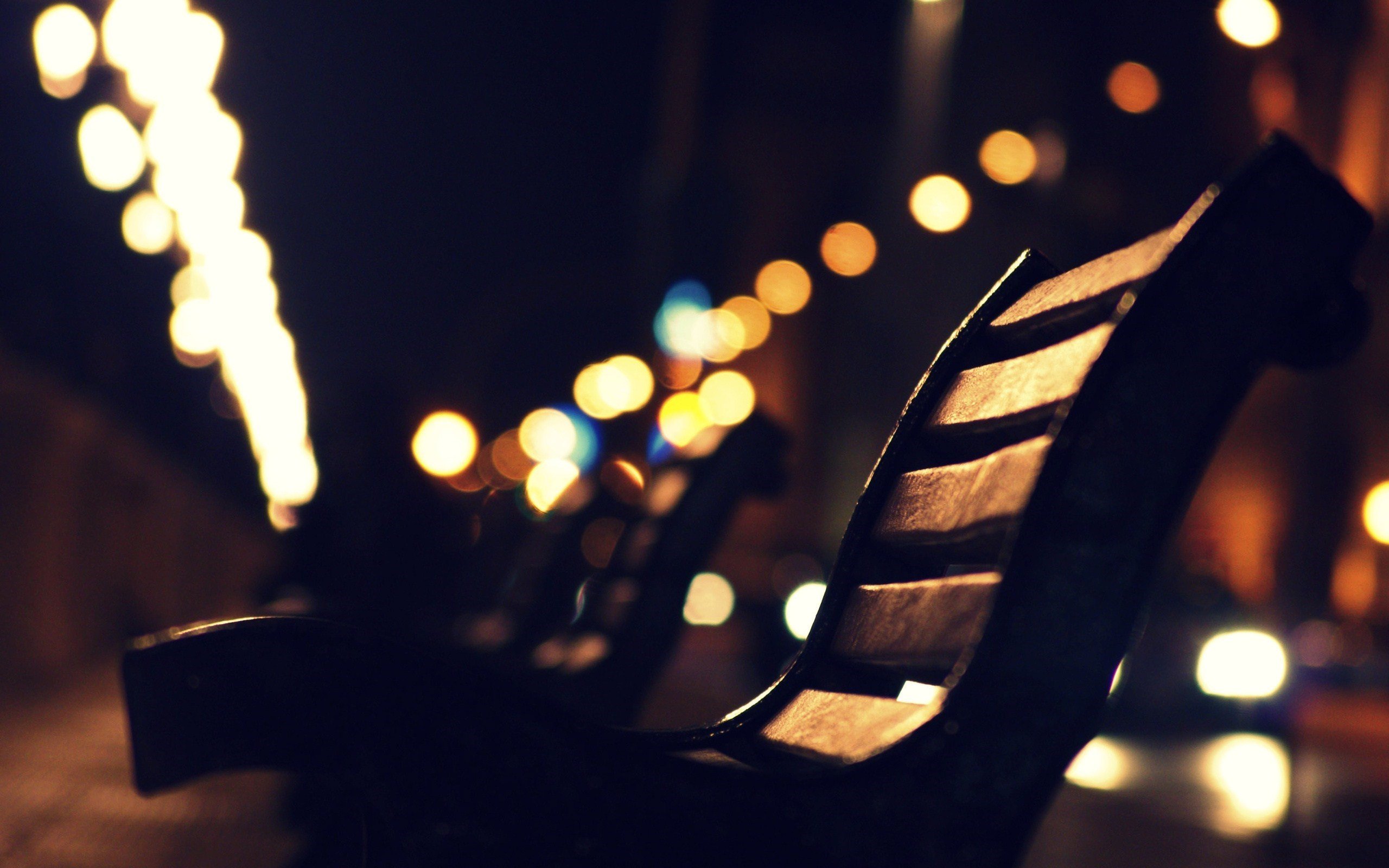bench, City at night, Lights, Street light Wallpaper