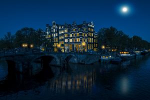 city, Cityscape, Architecture, Lights, Building, Bridge, Water, River, Trees, Amsterdam, Night, Netherlands, Moon, Moonlight, Reflection, Boat, Bicycle, Bar