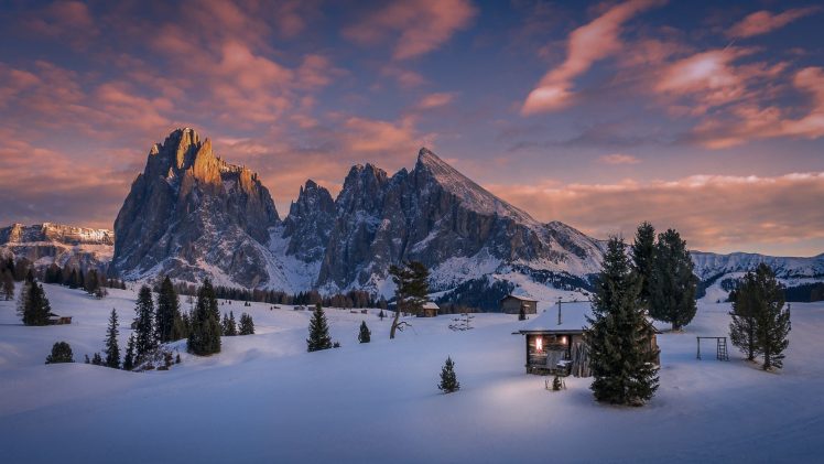 snow, Cabin, Mountains, Dolomites (mountains), Italy, Pine trees HD Wallpaper Desktop Background