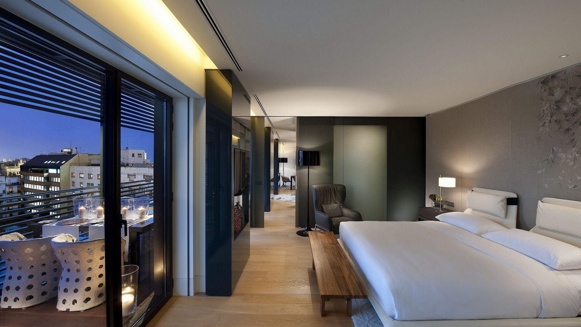 city, Bedroom, Bed, Window Wallpaper