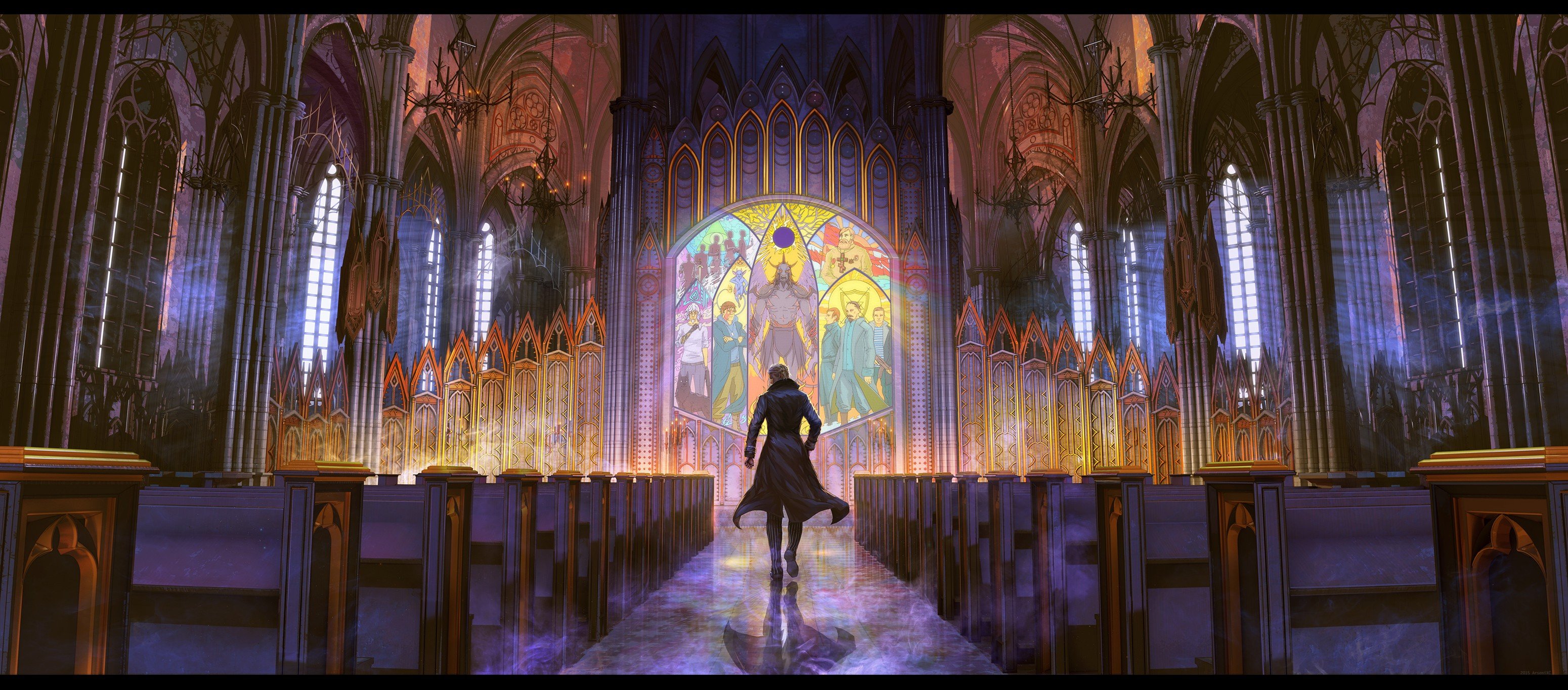 cathedral, Bench, Stained glass, Interior Wallpaper