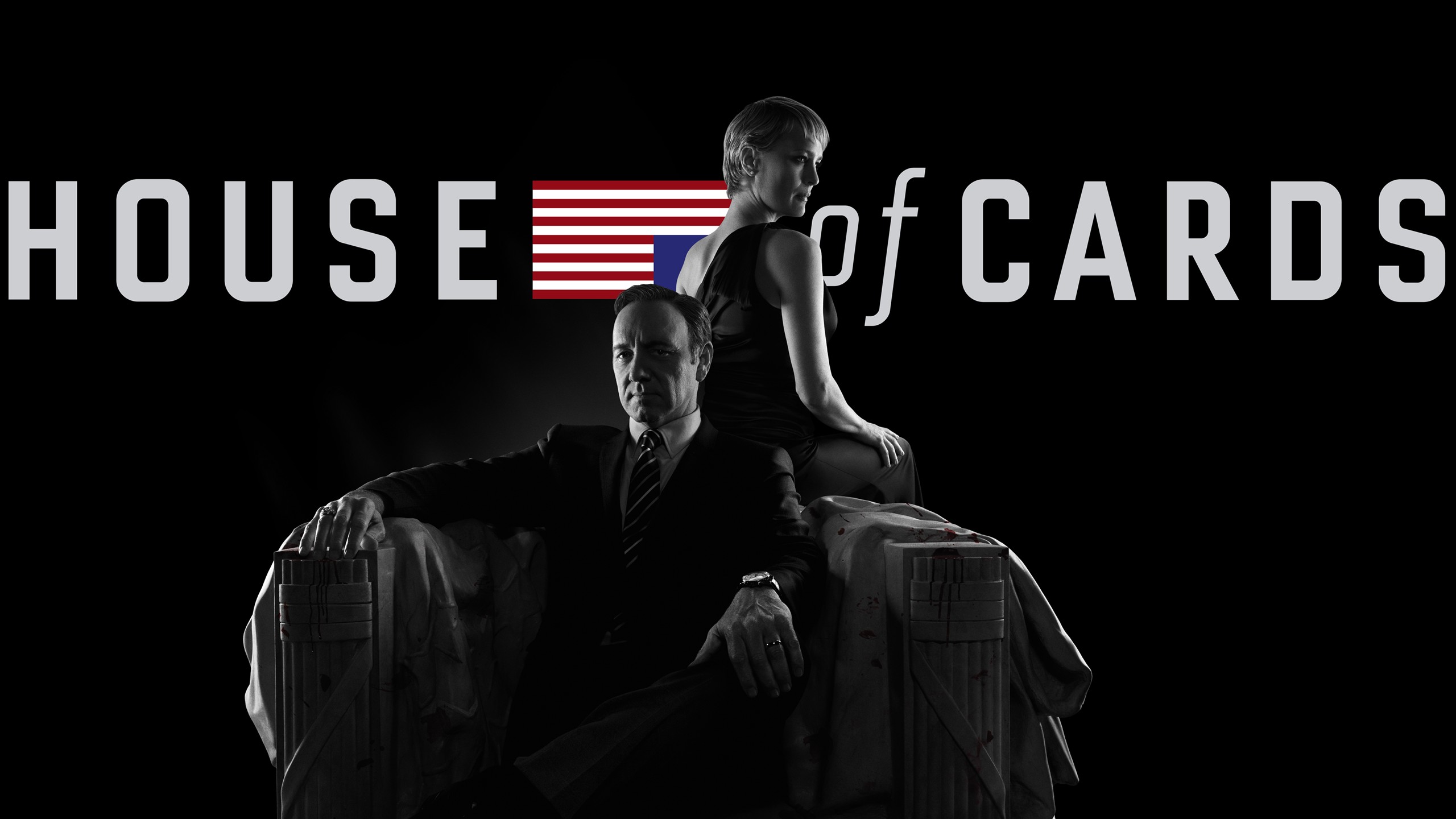 Frank Underwood, Kevin Spacey, Robin Wright, Claire Underwood, Sitting, Couple, House of Cards, American flag, Black background, TV Wallpaper