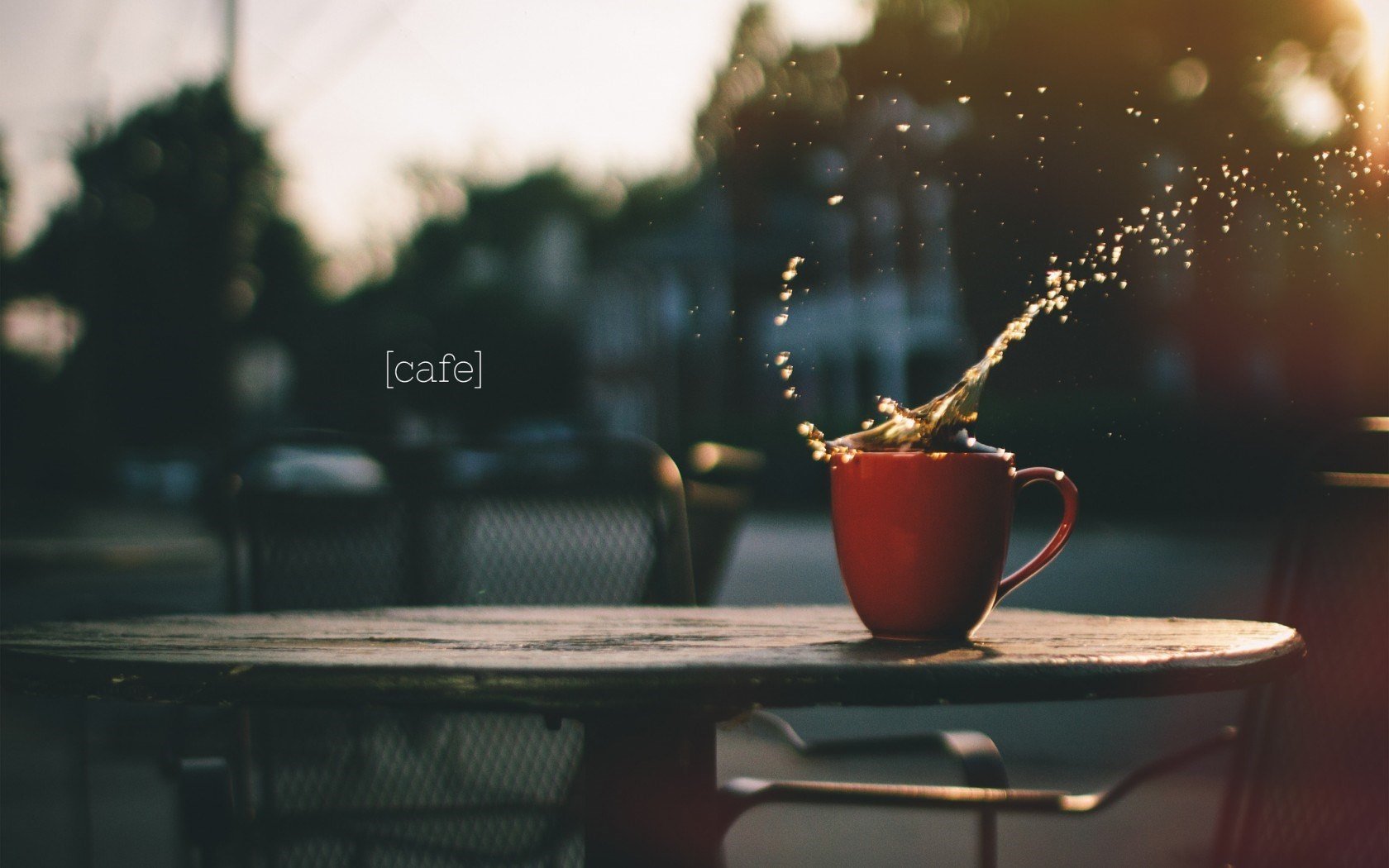 coffee, Mugs, Table, House, Chair, Bokeh, Trees, Lens flare, Water drops Wallpaper