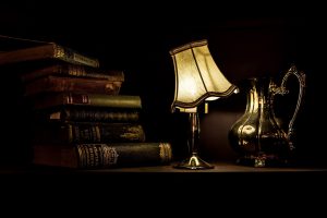 lamp, Books, Table, Lights, Portrait