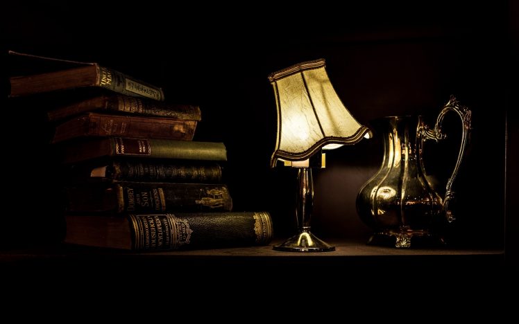 lamp, Books, Table, Lights, Portrait HD Wallpaper Desktop Background