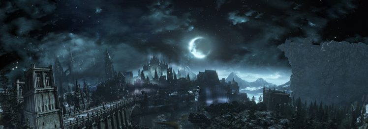 Dark Souls III, Dark Souls, Castle, Dark fantasy, Night, Moon HD Wallpaper Desktop Background