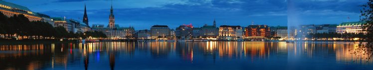 Hamburg, Germany, Panorama, Europe, Water, Trees, City, Evening, Fountain, Building HD Wallpaper Desktop Background