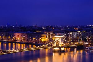Hungary, Europe, City, Night, Gold, Blue, River, Lights, Building, Capital, Panorama, Boat, Bridge, Budapest, Hungarian Parliament Building, Chain Bridge