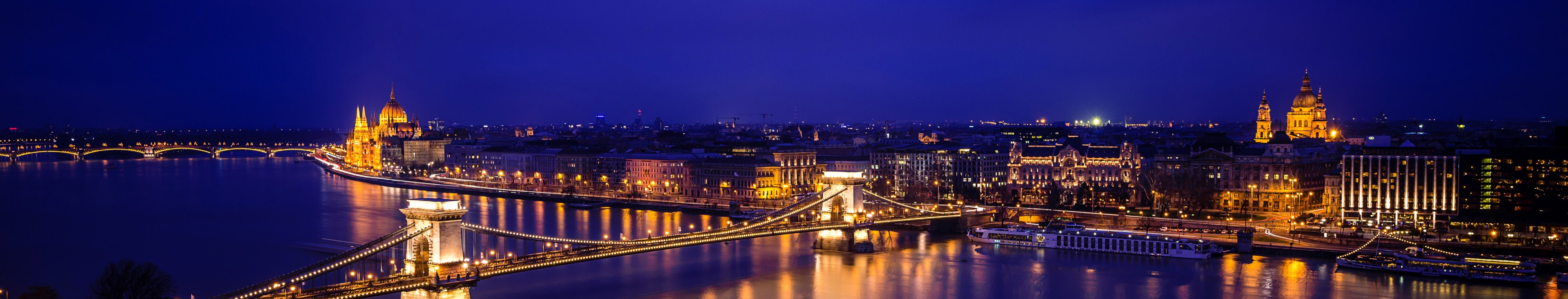 Hungary, Europe, City, Night, Gold, Blue, River, Lights, Building, Capital, Panorama, Boat, Bridge, Budapest, Hungarian Parliament Building, Chain Bridge Wallpaper