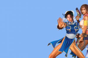 Chun Li, Yuna, Street Fighter, Final Fantasy, Illustration, Blue background