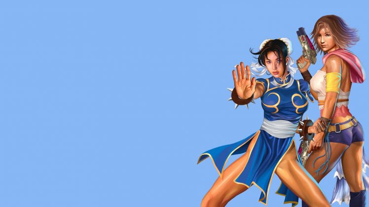 Chun Li, Yuna, Street Fighter, Final Fantasy, Illustration, Blue background HD Wallpaper Desktop Background