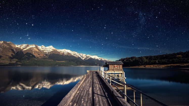 lake, Stars, Night, Mountians, Pier HD Wallpaper Desktop Background