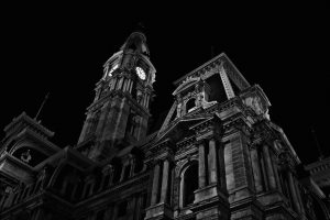 architecture, Worms eye view, Building, Philadelphia, USA, City hall, Old building, Tower, Clock towers, Ancient, Night, Monochrome, Black background