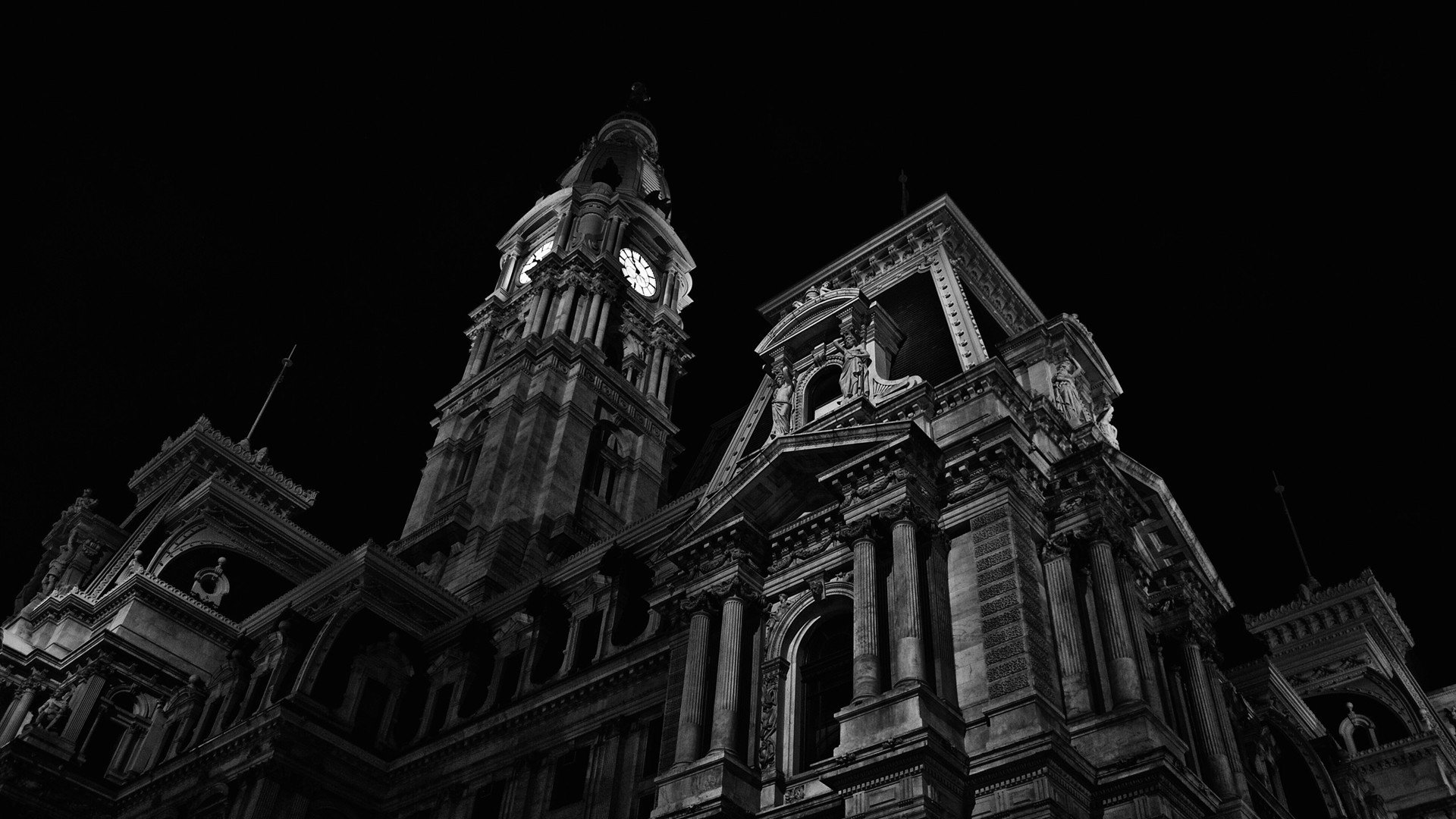 architecture, Worms eye view, Building, Philadelphia, USA, City hall, Old building, Tower, Clock towers, Ancient, Night, Monochrome, Black background Wallpaper