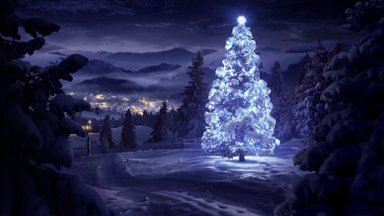snow, Night, Lights, Christmas Tree HD Wallpaper Desktop Background