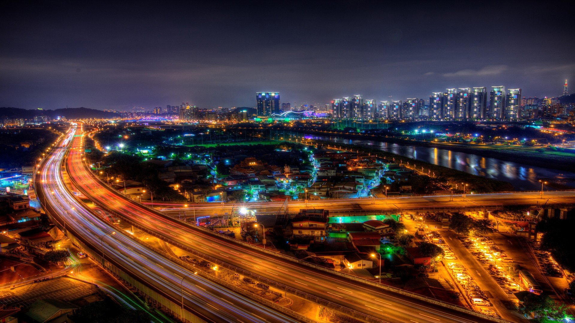 road, Highway, Night, City, Cityscape Wallpaper