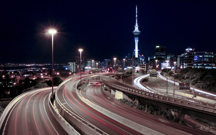 highway, Night, Cityscape, Long exposure HD Wallpaper Desktop Background
