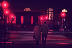 photography, Urban, City, Street, Building, Red, Night, Lights, Street light, Couple, Old people