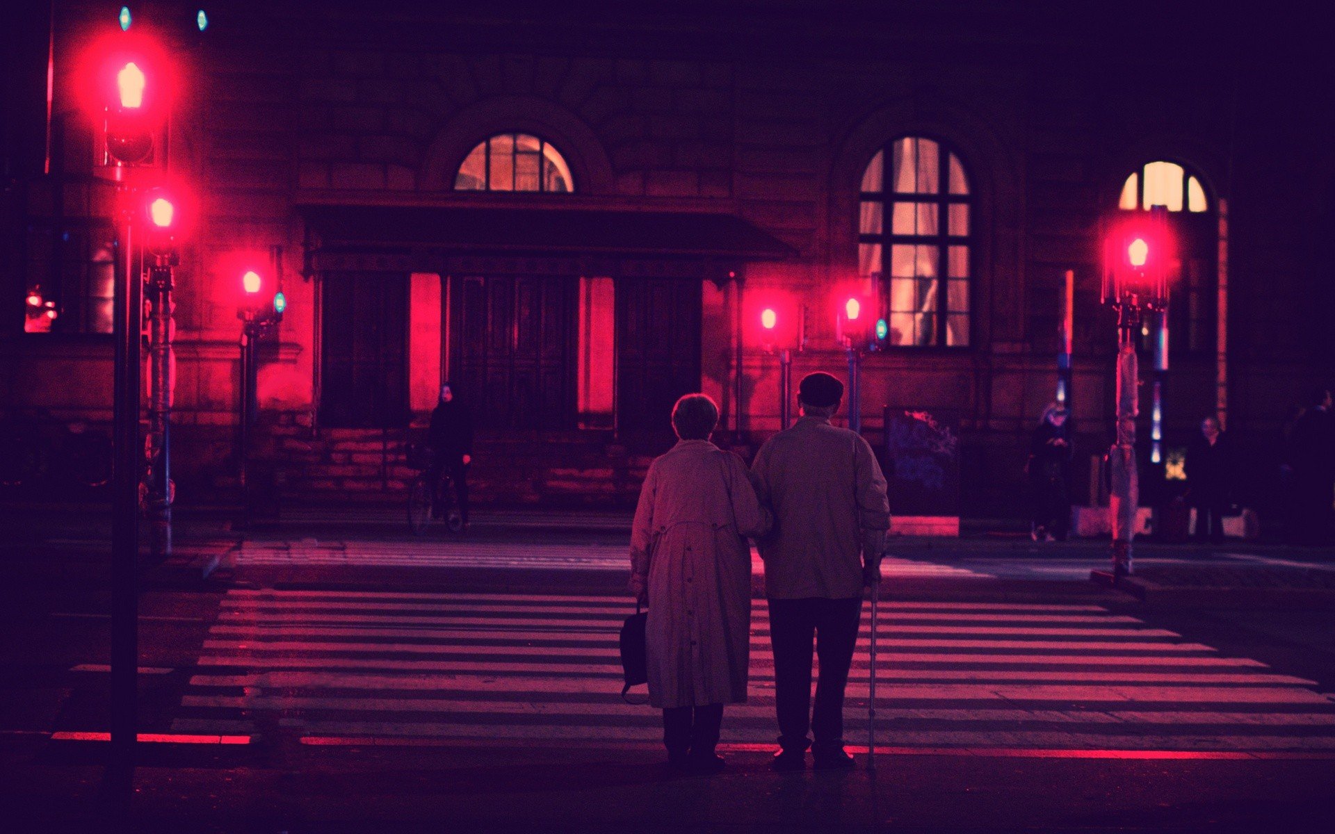 photography, Urban, City, Street, Building, Red, Night, Lights, Street light, Couple, Old people Wallpaper